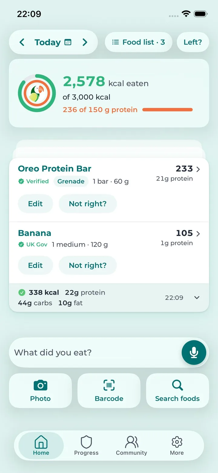 The ParrotPal app diary with a banana and a protein bar logged