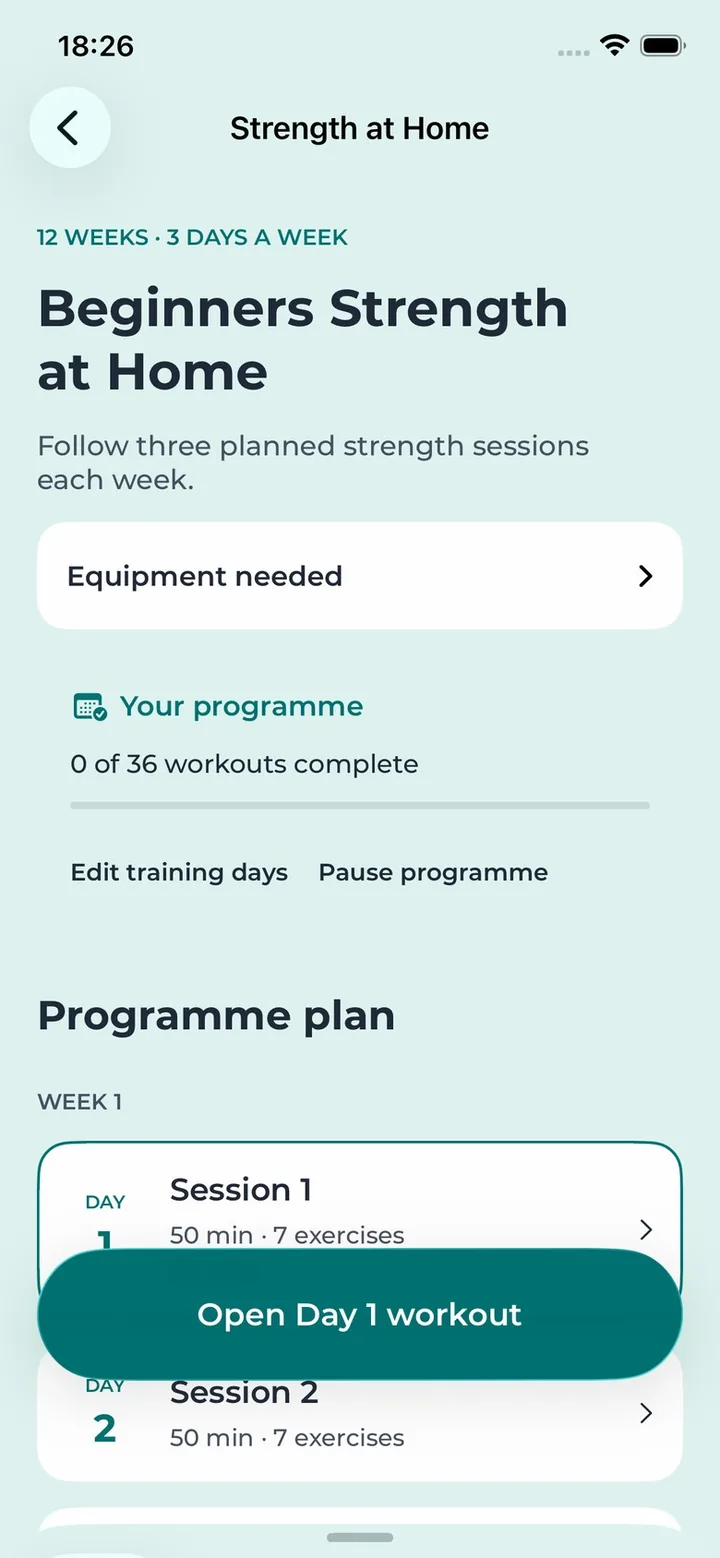 A Strength at Home programme in the ParrotPal app